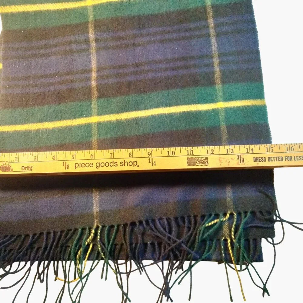 Tartan Plaid Fringed Scarf Wool Green Navy Yellow 56 X 12